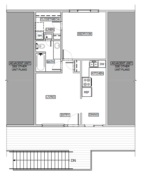 Floor plan for 1 bed, 1 bath, 650 sqft